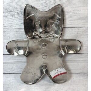 Kitty CAT Gingerbread Platter 16" Silver Metal Queenwest Trading Holiday NEW